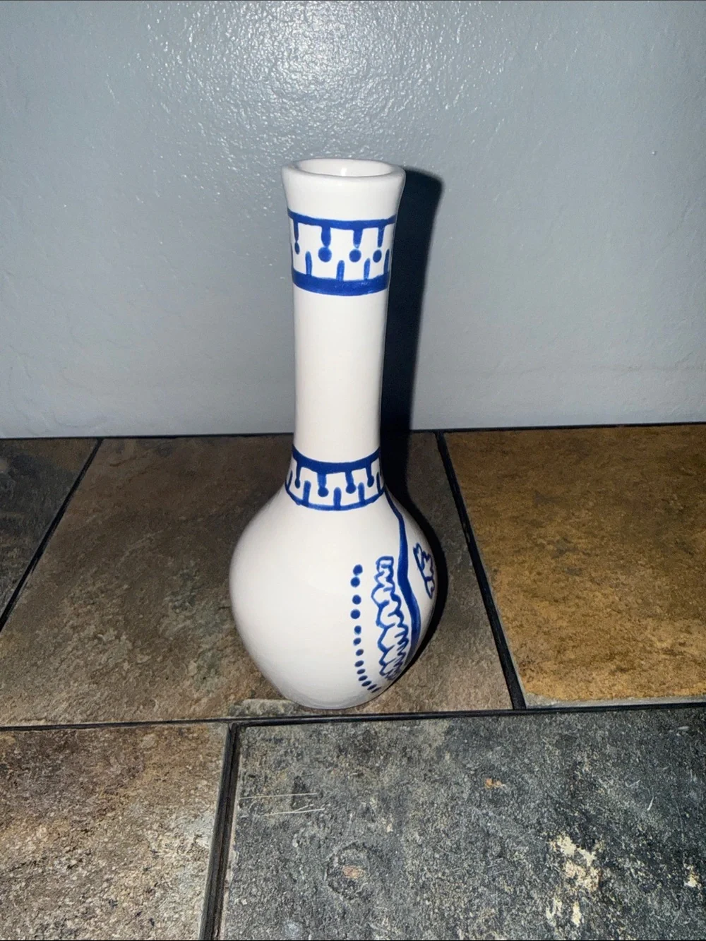 Hand Painted Blue and White Ceramic Bud Vase Folk Art Geometric Pattern 7.5